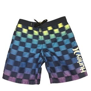 Hurley Boys Multicolor Checkered Board Shorts Swim Trunks 12” Waist Surf Beach